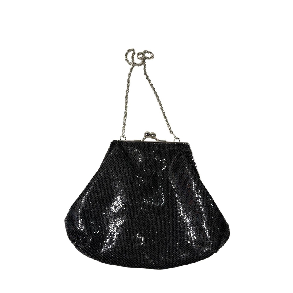 La Regale Black Sequin Evening Bag‎ Silver Kiss Lock Clasp Chain Strap Vintage